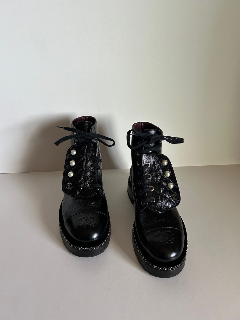 Chanel Black Leather Pearl-Accent Combat Boots